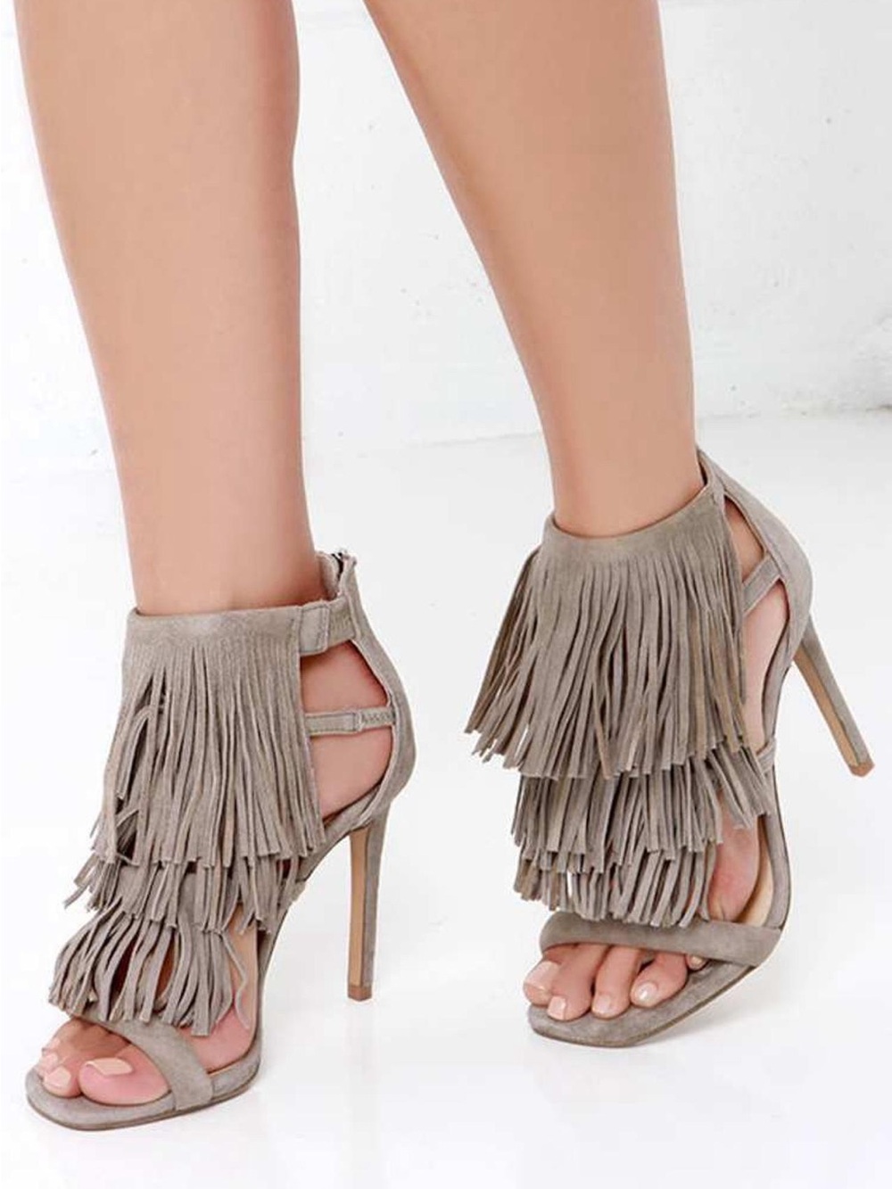 Steve Madden Taupe Fringe Suede Stiletto Sandals